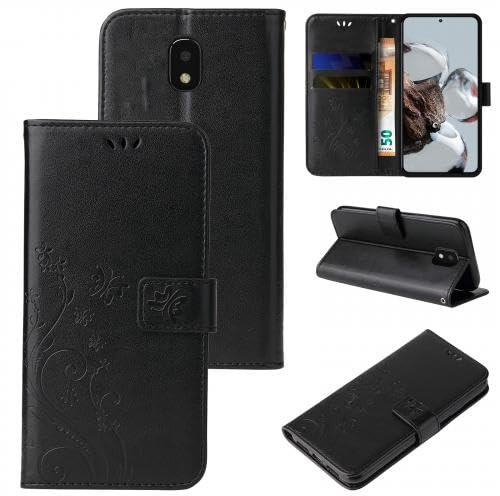 LBH Étui de protection pour Samsung Galaxy J3 (2017) - Motif papillons et fleurs - Fonction support - Fermeture magnétique - Protection complète à 360 ° - Noir