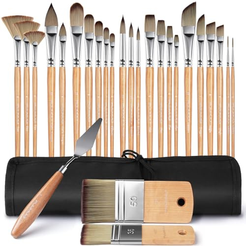 Fuumuui Set di 26 pennelli professionali per pittura acrilica, gamma completa di dimensioni con manico corto e largo piatto e spatola per acrilico, olio, acquerello, guazzo