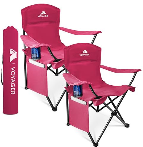 Voyager Folding Camping Chairs 2 Pack with Cooler Bag, Lightweight Q195 Steel Frame, 600D Oxford Fabric, Portable & Comfortable - Black (Red, Pouch)