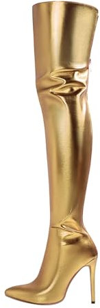 OBiQuzz Stivali sopra il ginocchio, da donna, con tacchi alti, laccati, in pizzo, lunghi, da equitazione, a spillo, al ginocchio, con chiusura lampo, stivali invernali, gold, 36 EU