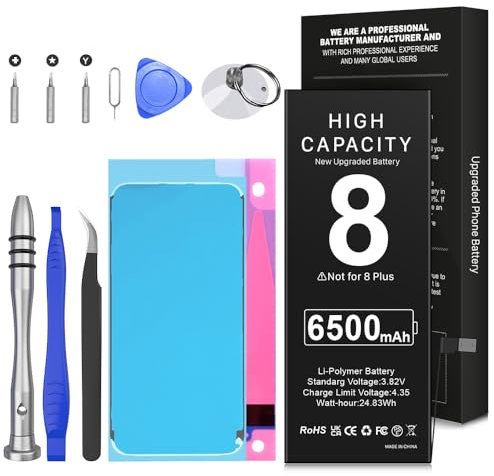 6500mAh Akku für iPhone 8, Ultra-high Capacity 0 Cycle Ersatzakku kompatibel mit iPhone 8 A1863/A1905/A1906 und EIN komplettes professionelles Reparatur Tool Kit