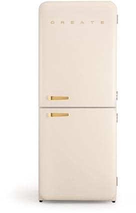 CREATE / RETRO FRIDGE FRIDGE COMBI 185 GOLD/Kombi-Kühlschrank mit Gefrierfach 401L in Cremeweiß, Griff Gold / 190W, No Frost System, 3 Ablagen, 2 Schubladen, Temperaturregler, 70x65x185 cm