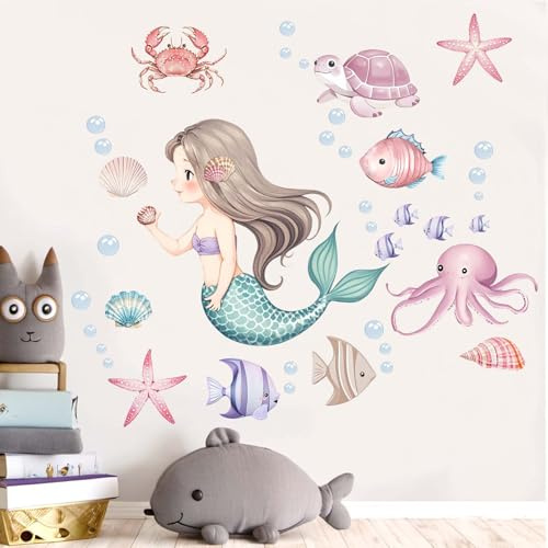 Meerjungfrau Wandtattoo für Mädchen Schlafzimmer: Abziehen und kleben unter dem Meer Schildkröte Wandaufkleber - Baby Kindergarten Mädchen Zimmer Kleinkind Zimmer - Kinderversorgung Alter 1-12 Jahre