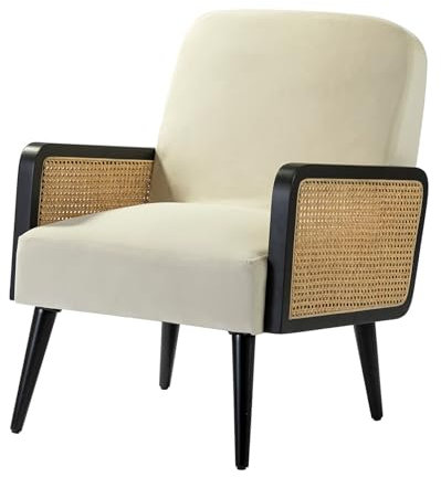 HULALA HOME Gemütlicher Polstersessel mit Rattan-Design Sessel mit Massivholzbeinen Moderner Lesesessel für Wohnzimmer und Schlafzimmer, Weiß