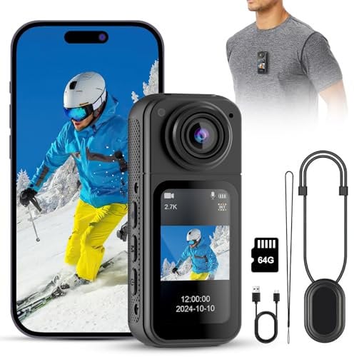 G261 Action Cam 64GB 180° Drehbar 2,7K HD Bodycam mit 1,47-Zoll-Display, Freihand-POVs, APP-Steuerung, 120° Weitwinkel Kleine Kamera für Vlogs, Sport, Reisen, Outdoor