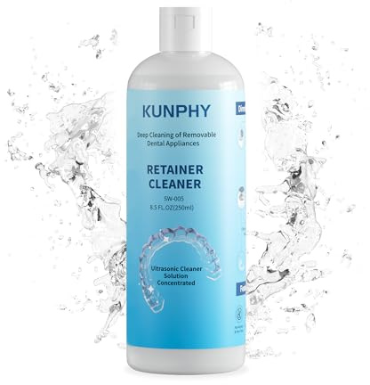 KUNPHY Ultrasonic Retainer Cleaner Solution, Professional Cleaning of Retainers, Invisible Aligners, Denture,Mouth Guards, Remove Odors, Discoloration & Stains, 250 ML for All Ultrasonic Cleaner
