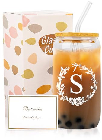 Dmnnlp A-Z Initial Personalised Gifts for Women, 16oz Iced Coffee Glass Cups with Lids, Straws, Brush & Card, Iced Coffee Birthday Gift Set for Women, Mum, Wife, Friends(S)