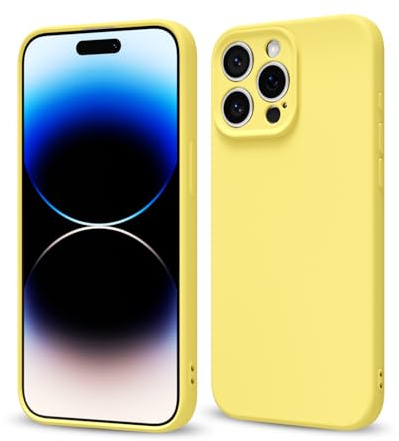 Svaove for iPhone 14 Pro Phone Case Liquid Silicone, Thin Ultra Slim Minimalist Phone Cover, Girly Cute Plain Bright Solid Color Matte Soft Rubber Jelly Gel Plastic TPU Bumper, Yellow