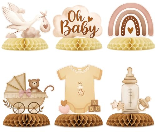 6 Stück Babyparty Deko, Tischdeko Babyparty mit Storch Geburt Motiv, Bienenwaben Mittelstück Dekoration, Tischdekoration für Babyshowerparty und Babyparty