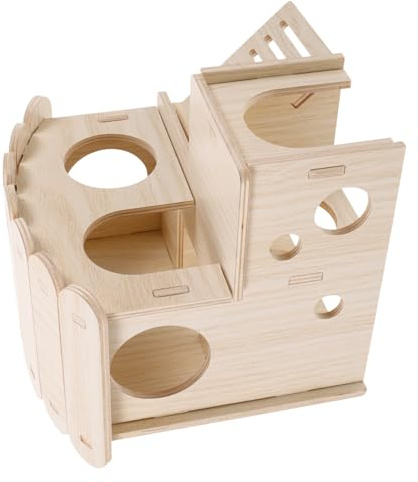 CLISPEED Hamsterhaus aus Kiefernholz mit Rinde Geruchsneutral und Isolierend mit Runden Lochfenstern Sicher für Hamster Mäuse und Kleintiere als Versteck und Dachboden zum Klettern