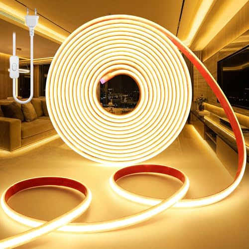 BRIMETI COB LED Streifen 2M 230V LED Strip Warmweiß 3000K Wasserdicht IP65 Selbstklebend Leiste Aussen Schlauch Lichtleiste Band 320LEDS/M Outdoor Lichterschlauch mit Netzteil für Schlafzimmer Küche