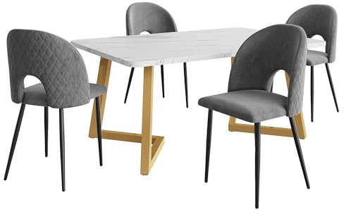 Cenbunsh Essgruppe,(Set,117×68cm Esstisch mit 4 Stühlen), Rechteckiger Esstisch Moderner Küchentisch Set,Samt Esszimmerstuhl Mit Diamantmuster,Verstellbare Stuhlbeine,Grau Samt,Golden Tischbeine