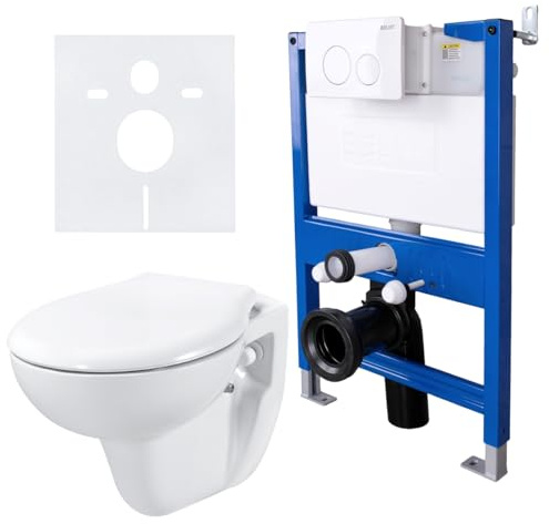 Belvit Dusch WC Komplettset mit Bidetfunktion, Weiß | Vorwandelement 75-82 cm, Softclose Deckel, Unterputz Spülkasten und Drückerplatte, Taharet WC Set