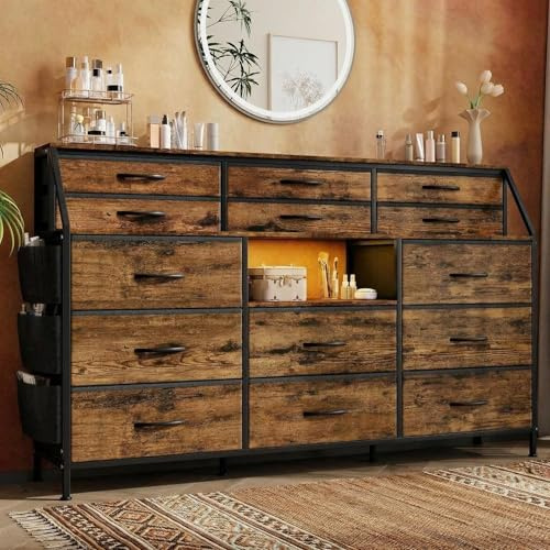 Koioplie Schubladenkommode mit 14 Stoffschubladen, Aufbewahrungsregal aus MDF und Metall, für Flur und Schlafzimmer, 100 x 36 x 28,5 cm, Braun