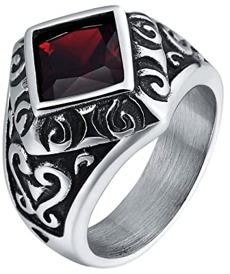 GMJGCIRVC Ring for Men Gothic,Ring for Men Cheap Square Stone with Vintage Flower Mens Rings Stainless Steel Red