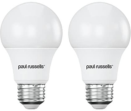 paul russells LED GLS Light Edison Screw ES, 60w Equivalent, 8watt 806LM LED Bulbs, 6500K Daylight Lamp, Classic Frosted A60 Standard E27 Energy Saving Non-Dimmable Large Globe Lightbulb, 2 Pack