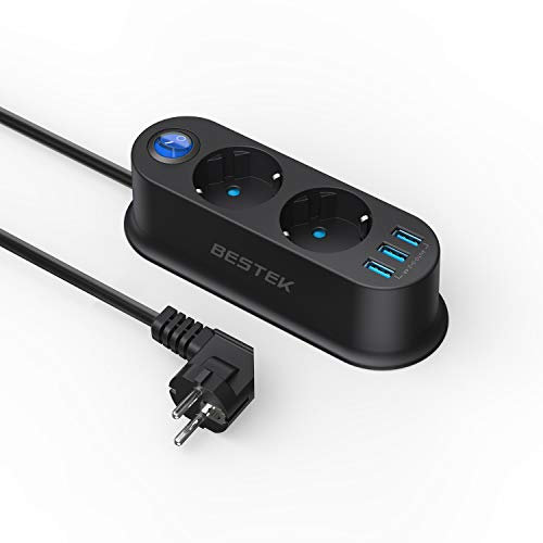BESTEK Steckdosenleiste mit 2 Steckdosen mit 3 USB-Ports, Mini-Steckdose, 2500 W, geeignet für Zuhause, Campus-Schlafsäle, Büros, Reisen und andere Szenarien