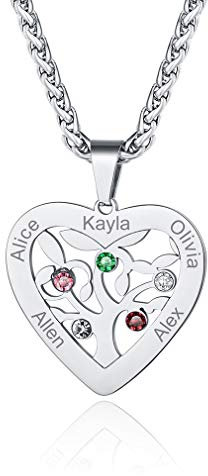 Custom4U Collier Personnalisé 5 Prénoms,Pendentif Coeur Arbre de Vie en Acier Inoxydable Gravé Pierres de Naissance,Bijoux de Famille,Chaine 55+5 cm,Cadeau Anniversaire Femme Maman,Grand Mère