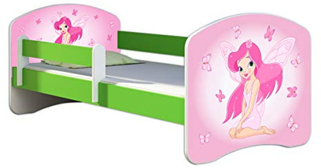 ACMA Kinderbett 180x80 Jugendbett mit Matratze, Farbe Grün, Rausfallschutz Lattenrost II Spielbett Kinderzimmer Möbel, 07 Rosa Fee