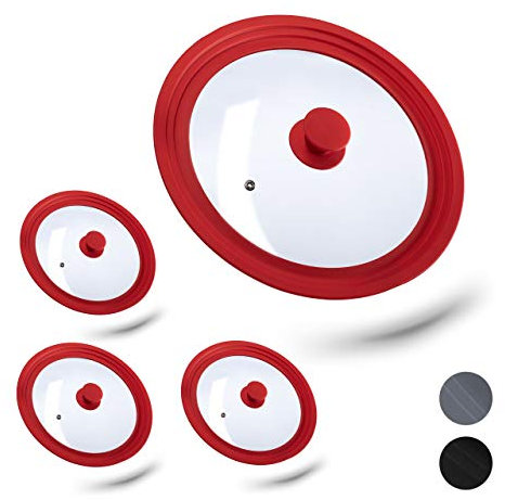 Relaxdays Lot de 4 couvercles casseroles L, en Verre Rebord dégradé en Silicone, casseroles et poêles 26-30 cm, HxD5x31,5cm, Rouge