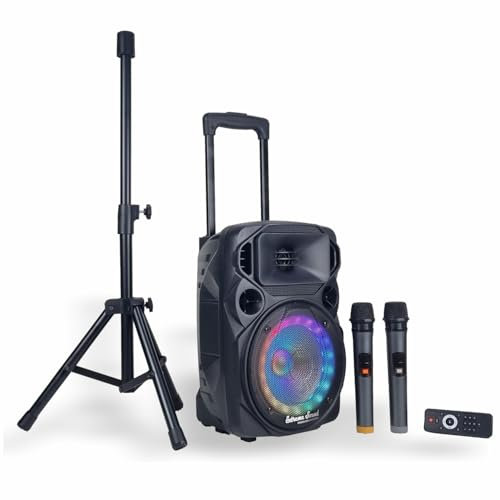 Extreme Sound CASSA PORTATILE Speaker box Ricaricabile Bluetooth Radio Usb con LED RGB Frontali KIT Karaoke con Stand, 2 Microfoni UHF, Subwoofer 21 Cm.