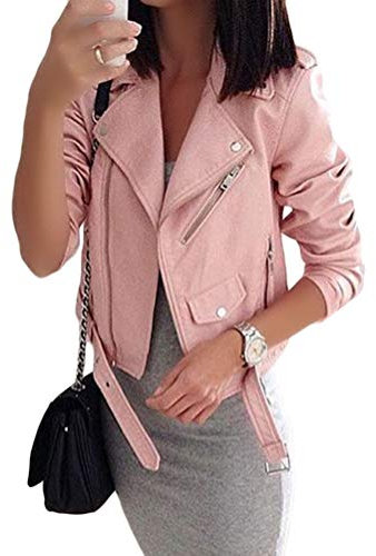 ORANDESIGNE Manteau en Simili Cuir Manches Longues Mode Vintage Femme Motard Vestes D Rose M