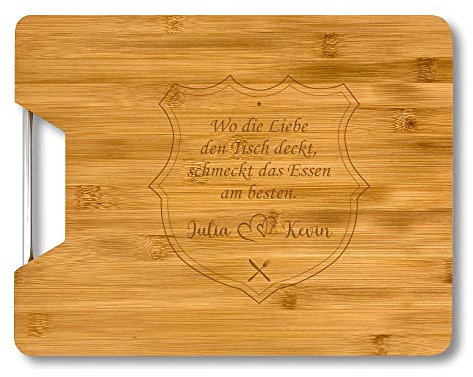 Saphir Design Holzbrett mit Gravur Liebespaar Schneidebrett personalisiert Name Holz 32,5x25x1,8 cm | Küchenbrett Name personalisiert Geschenk Pärchen | Bambus Brett graviert (SB09)
