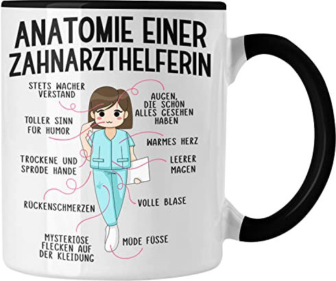 Trendation - Zahnarzthelferin Tasse Geschenk Lustig Zahnarzt Damen Kollegin Geschenkidee Zahnmedizinische Fachangestellte Anatomie Zahnmedizin Spruch (Schwarz)