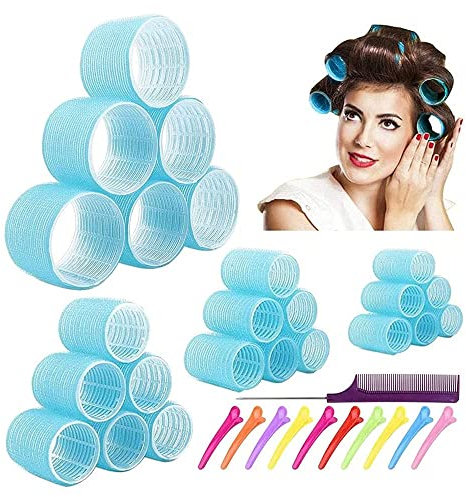 Jumbo-Lockenwickler-Set, selbsthaftende Lockenwickler für langes Haar, keine Hitze, Lockenwickler, hitzelos, mit Clips und Kamm, 24 Packungen (blau, 24 Stück)