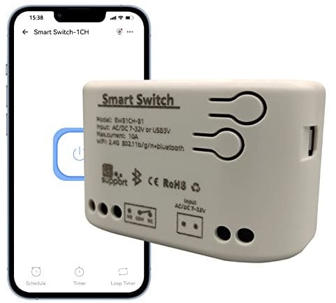Jane Eyre EWelink Interruptor inalámbrico Interruptor WiFi Control remoto DIY Smart Home Bluetooth Relay AC/DC 7-32V Entrada de energía para Alexa Google Home(1 canal)