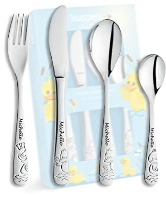 KIDDI-MEDIA Cubertería infantil con nombre grabado, diseño de pato, 4 piezas (todos 4 con nombre grabado), de acero inoxidable/grabado en letras atractivas