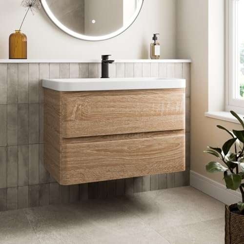 Affine® 800mm Vanity Unit Wash Basin Sink Bathroom Floor Standing Storage Cabinet Cupboard Cloakroom, Soft Close Drawers, Wood Oak Effect