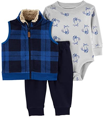 Carter's Baby Boys' 3 Piece Little Vest Set, Blue Plaid, 9m