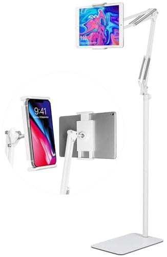 Spessn iPad Verstellbar Bodenständer, Universal 360°Drehbar Metall Tablettenhalter für iPad Air, iPad Pro, iPad Mini, Galaxy Tab und Handys iPad/iPhoneX/iPad Pro 4,5~13 Zoll Gerät-Weiß