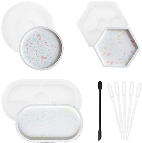 TNSLAND Silikonform Tablett Untersetzer, 3-teiliges Set Kunstharz-Formen aus Silikon für Tabletts, Silikonformen Teller, Gießformen Silikon, Oval, Rund, Sechseckig, DIY Untersetzer aus Epoxidharz