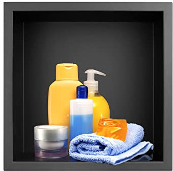 QWORK® Nicchia Doccia Incasso in Acciaio Inossidabile 304, Modanatura Monopezzo, per Articoli Toeletta, Nero Opaco, 32x32x12.5cm