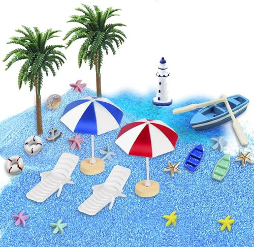 DBALL 28 Pezzi Miniature Spiaggia Micro Paessaggio Decorazione da Spiaggia in Mini Sedia a Sdraio Palme da Spiaggia Kit di Ornamento per Hawaiiana Tema Regalo di Compleanno