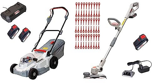 IKRA Akku Rasenmäher Mulchmäher ICM 2/2037 inkl. 2X Akku & Doppel-Schnellladegerät & Akku Rasentrimmer IAT 20-1M inkl. Akku, Ladegerät & 60x Nylonmesser
