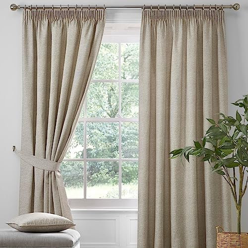 Dreams & Drapes - Natural Blackout Pencil Pleat Curtains W46 x L54 (117 x 137cm) - 2x Tie Backs Included - Heavy Weight - Thermal & Soundproof Curtains - Natural Curtains for Bedroom & Living Room
