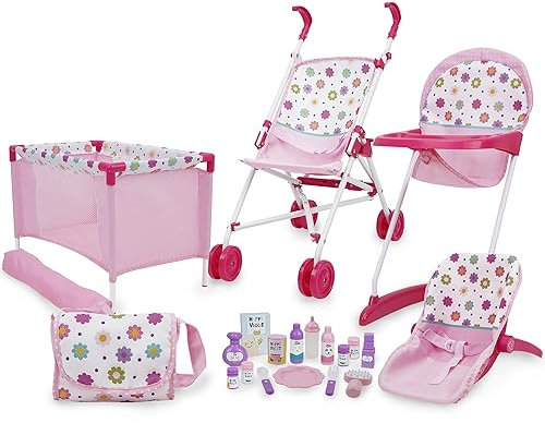 509 Crew 21 Piece Doll Stroll n Play & Care Combo Set, Doll Stroller, Doll Playard, Doll High Chair Set, Carry Cot, Diaper Bag, Feeding and Grooming Accessories, Ages 3+