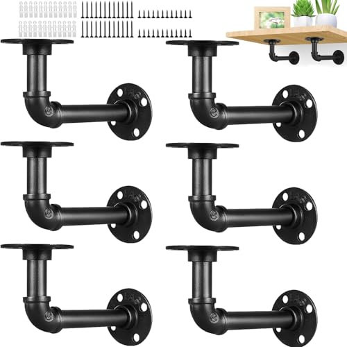 MUXHEL 6PCS Industrial Shelf Brackets Black Pipe Brackets for Shelves Wall Mounted Pipe Shelf bracketss with Screws for Shelves, Scaffold Board and Home Decoration