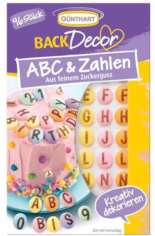 Günthart BackDecor 96 bunte Buchstaben & Zahlen aus Zucker kombinierbar zum personalisieren von Torten, Kuchen oder Cupcake, 1er Pack (27 gr)