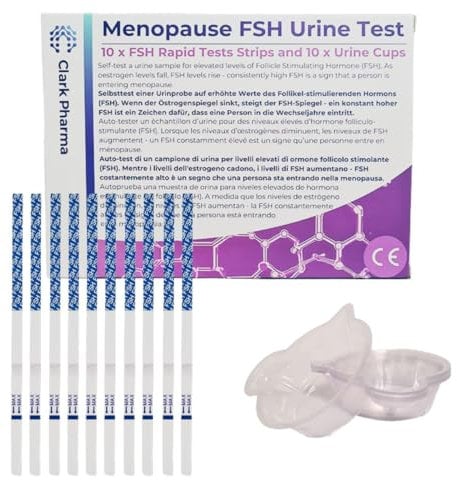 Clark Pharma 10-teiliges Menopausentest-Set | 10 Teststreifen und 10 Urinprobenbecher | FSH-Hormon-Erkennung bei Frauen | Selbsttest für die Menopause Perimenopause Fruchtbarkeit