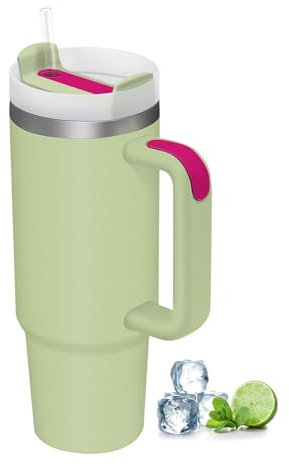 COZOME 30OZ Mug Isotherme avec poignée et Paille, Sans BPA Tasse à Café Acier Inoxydable, Double Isolée Mugs et tasses à Thermos Café, Verres à Boire Réutilisables for Voiture, Bureau, Vert Clair