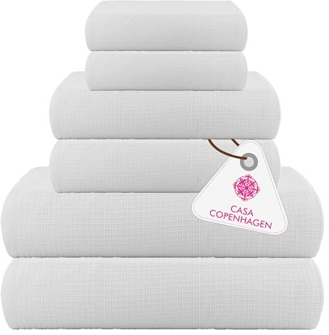 Casa Copenhagen Waffel-Frottee-Handtuch,6-teiliges Set, Baumwolle,extra groß, luxuriös, Weiß, 2 Badelaken XL, 89 x 178 cm, 2 große Handtücher, 51 x 79 cm, 2 große Waschlappen, 41 x 41 cm