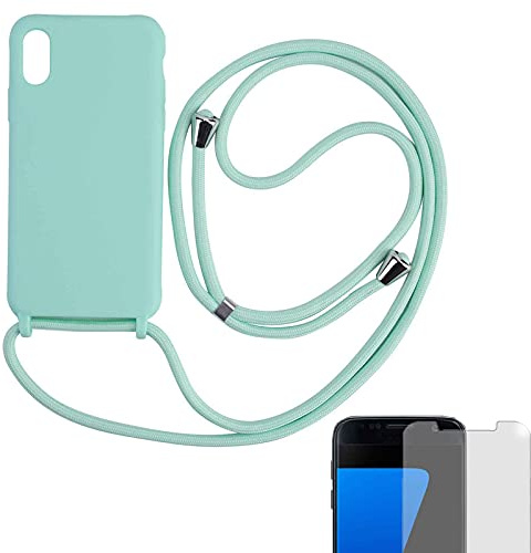 Eximmobile Hülle mit Band + 9H Panzerfolie Kompatibel mit Apple iPhone 15 Pro in Türkis Handykette Rubber Handyhülle mit Kette für Smartphone Schutzhülle mit Kordel Case Matt