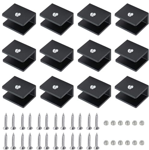 Bebochoi 12 Piezas Soporte de Vidrio Abrazaderas Ajustable, Estantes de Vidrio de Aluminio Soporte de Clip, para Vidrio de 8-10 mm de Espesor, para Barandilla, Cuarto de Baño (con Tornillos, Negro)