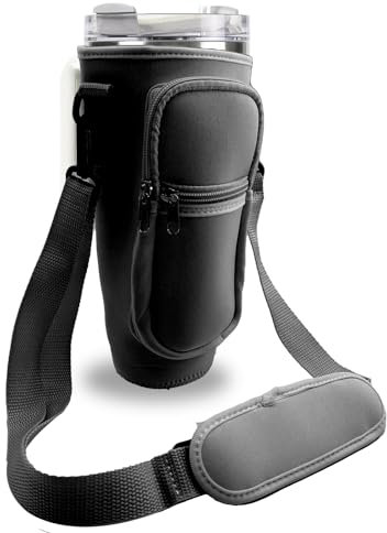 Yeria Water Bottle Carrier Bag for Stanley Cup, Water Bottle Holder with Adjustable Shoulder Phone Pocket Fits Stanley 40oz, for Walking Hiking Camping (Black)