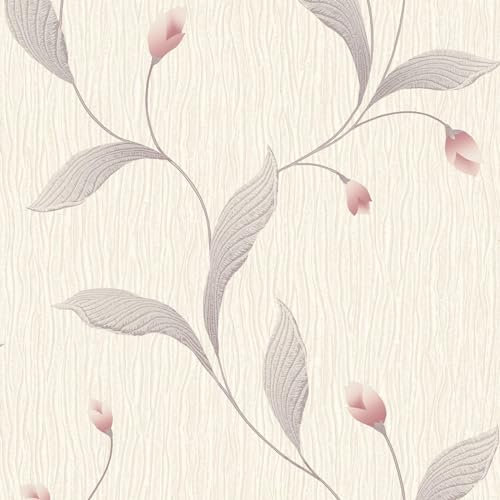 Belgravia Tiffany Floral Trail Wallpaper – Embossed Textured Heavyweight Vinyl Wallpaper – Modern Wallpaper for Living Room, Bedroom, Hallway – Pink
