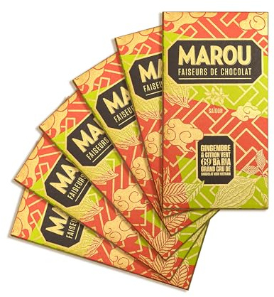 MAROU - Tablette Chocolat Noir 69% Gingembre & Citron Vert - Grand Cru Ba Ria - 80 g - Sans Lécithine, Sans Gluten - Origine Vietnam (Lot de 6)